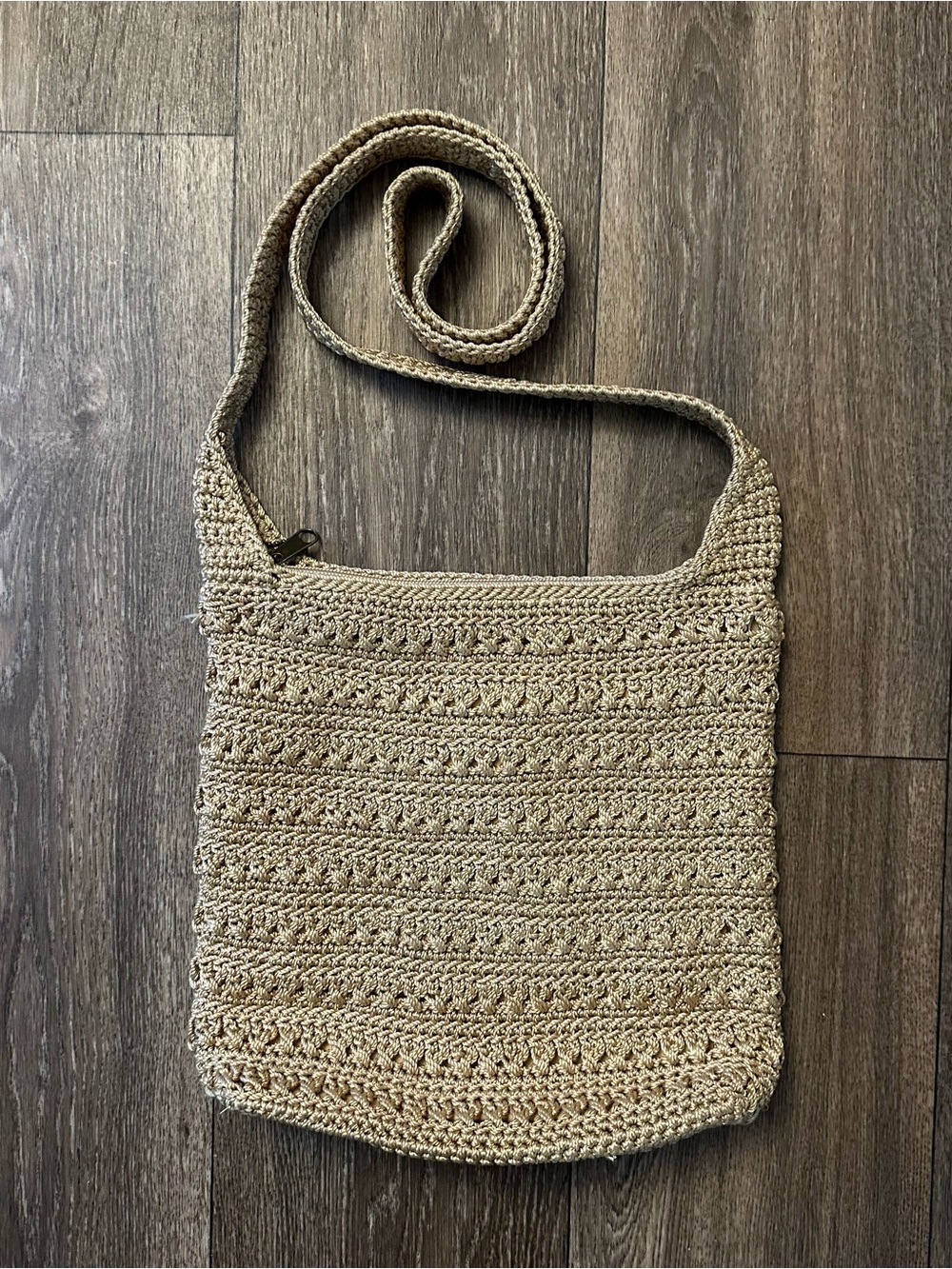THE SAK Crochet  Knit Woven Boho Crossbody Small Shoulder Handbag Purse Tan